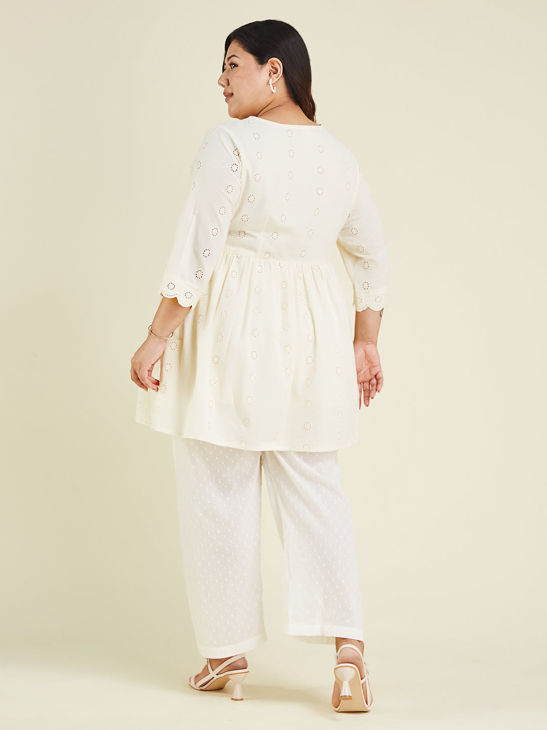 Janasya Women's Plus Size Off White Pure Cotton Schiffli A-line Tunic - qivii