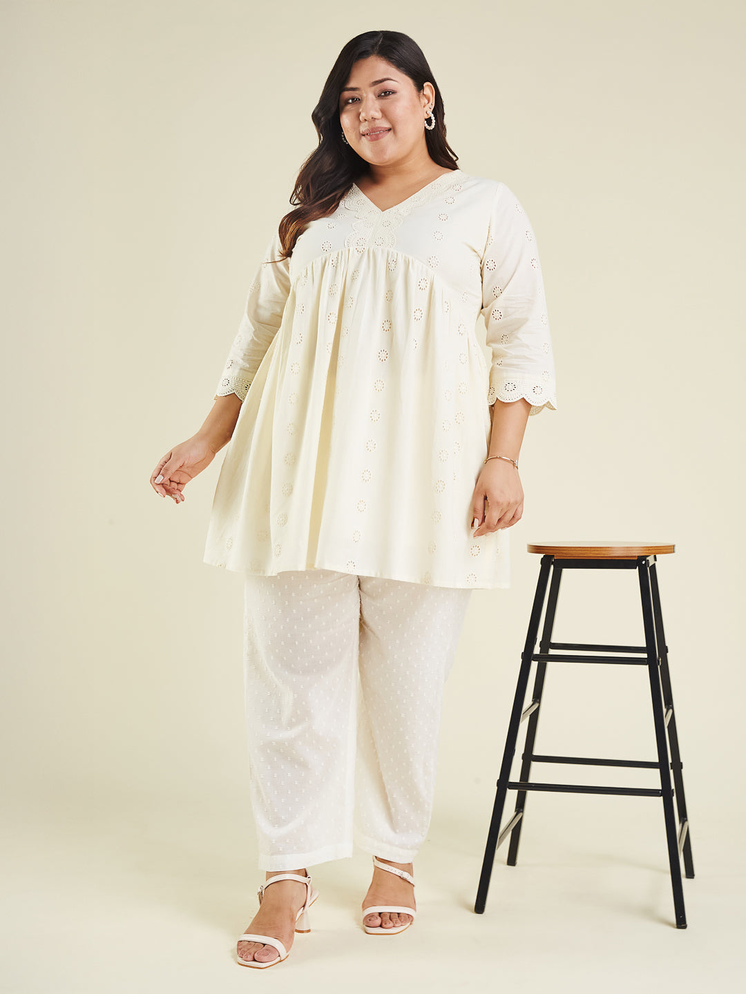 Janasya Women's Plus Size Off White Pure Cotton Schiffli A-line Tunic - qivii