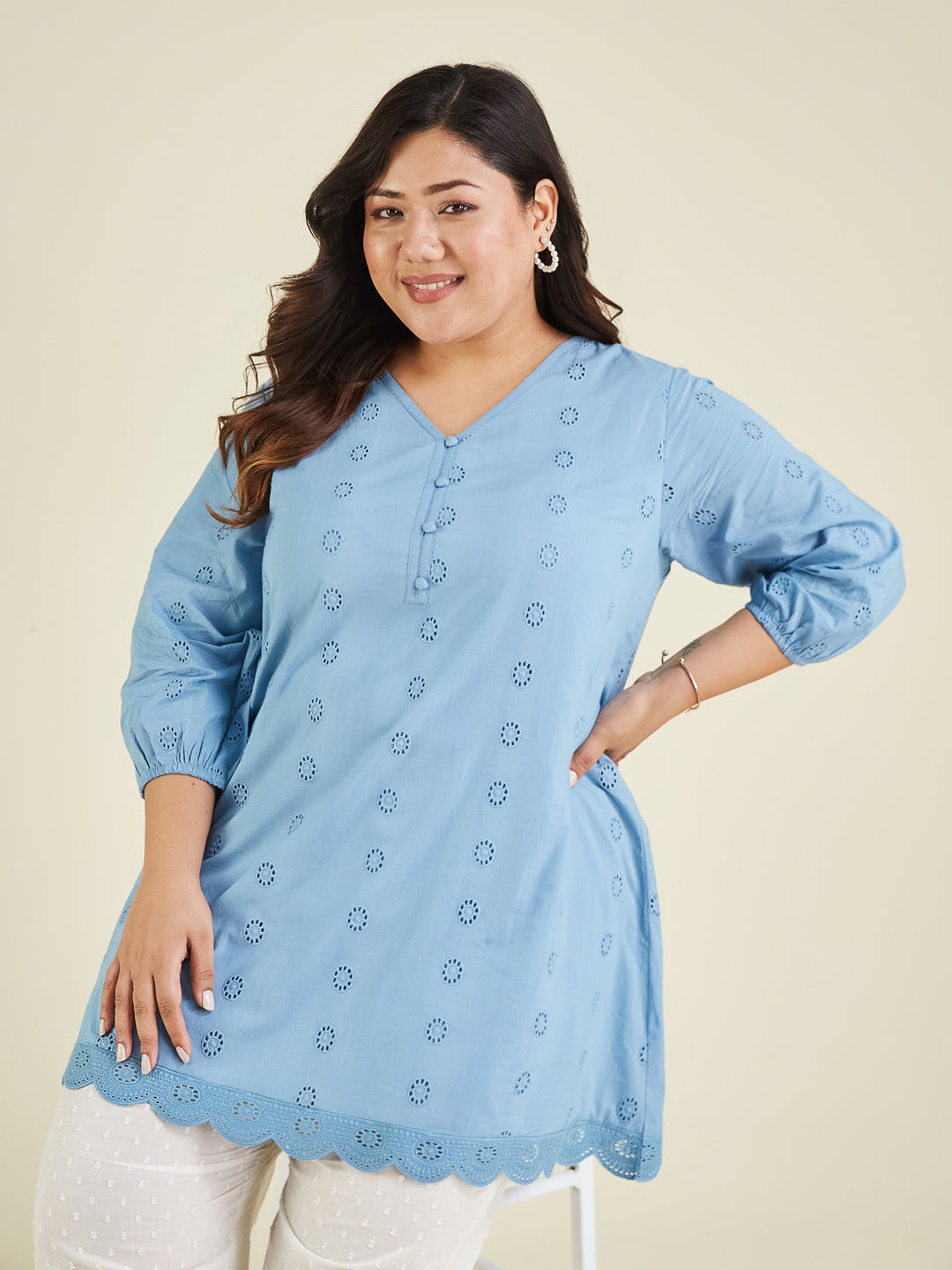 Janasya Women's Plus Size Light Blue Pure Cotton Schiffli Embroidered A-line Tunic - qivii