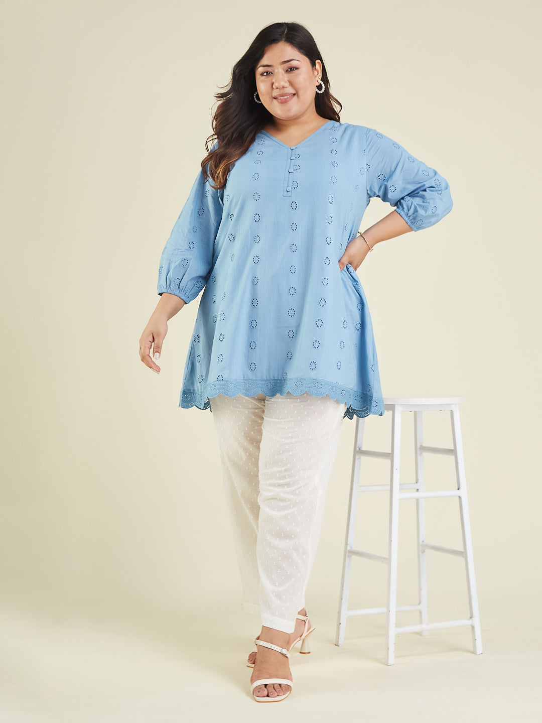 Janasya Women's Plus Size Light Blue Pure Cotton Schiffli Embroidered A-line Tunic - qivii