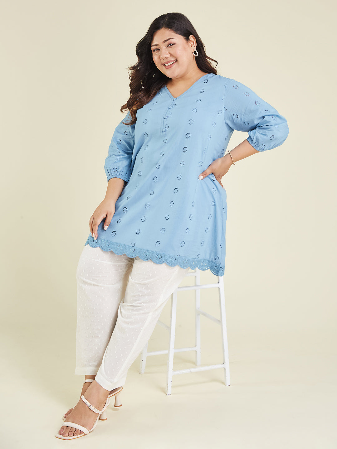 Janasya Women's Plus Size Light Blue Pure Cotton Schiffli Embroidered A-line Tunic - qivii