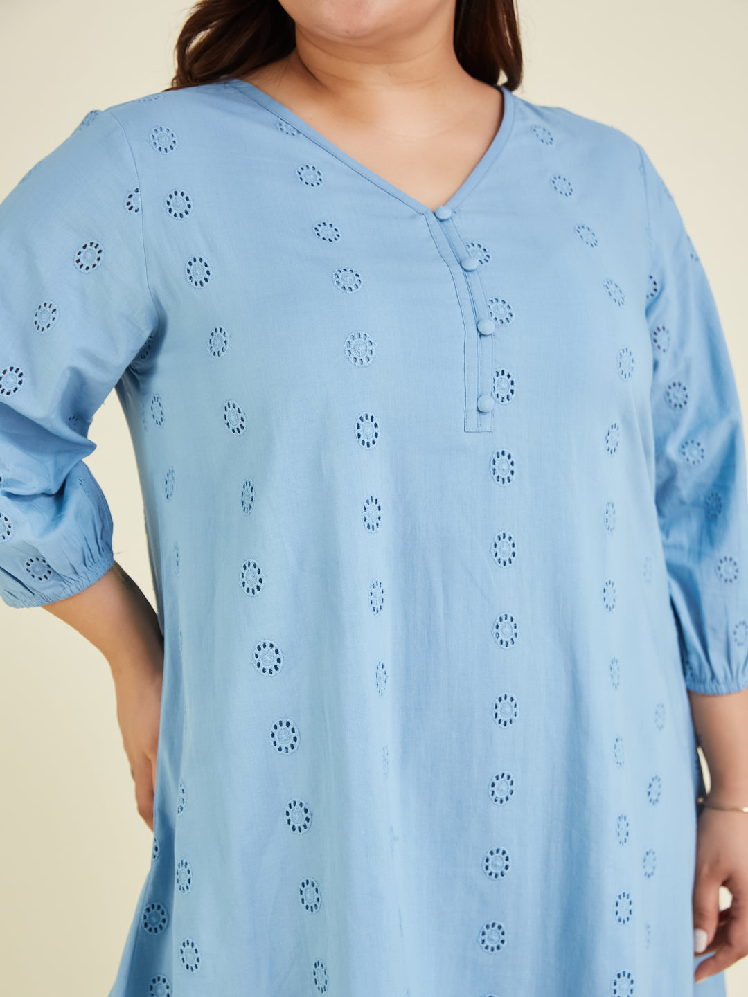 Janasya Women's Plus Size Light Blue Pure Cotton Schiffli Embroidered A-line Tunic - qivii