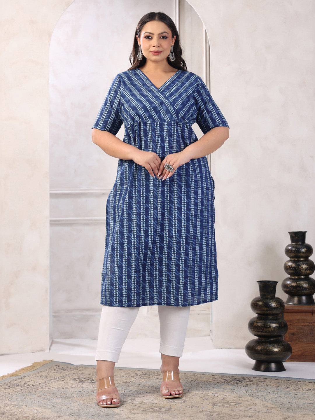 Plus Size Indigo Pure Cotton Floral Printed Straight Kurta  - By Janasya