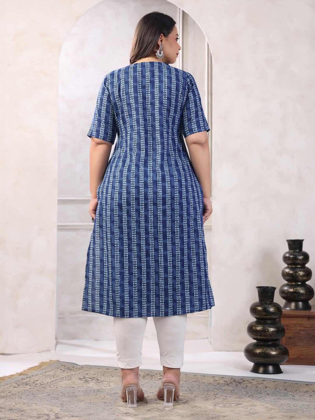 Plus Size Indigo Pure Cotton Floral Printed Straight Kurta  - By Janasya