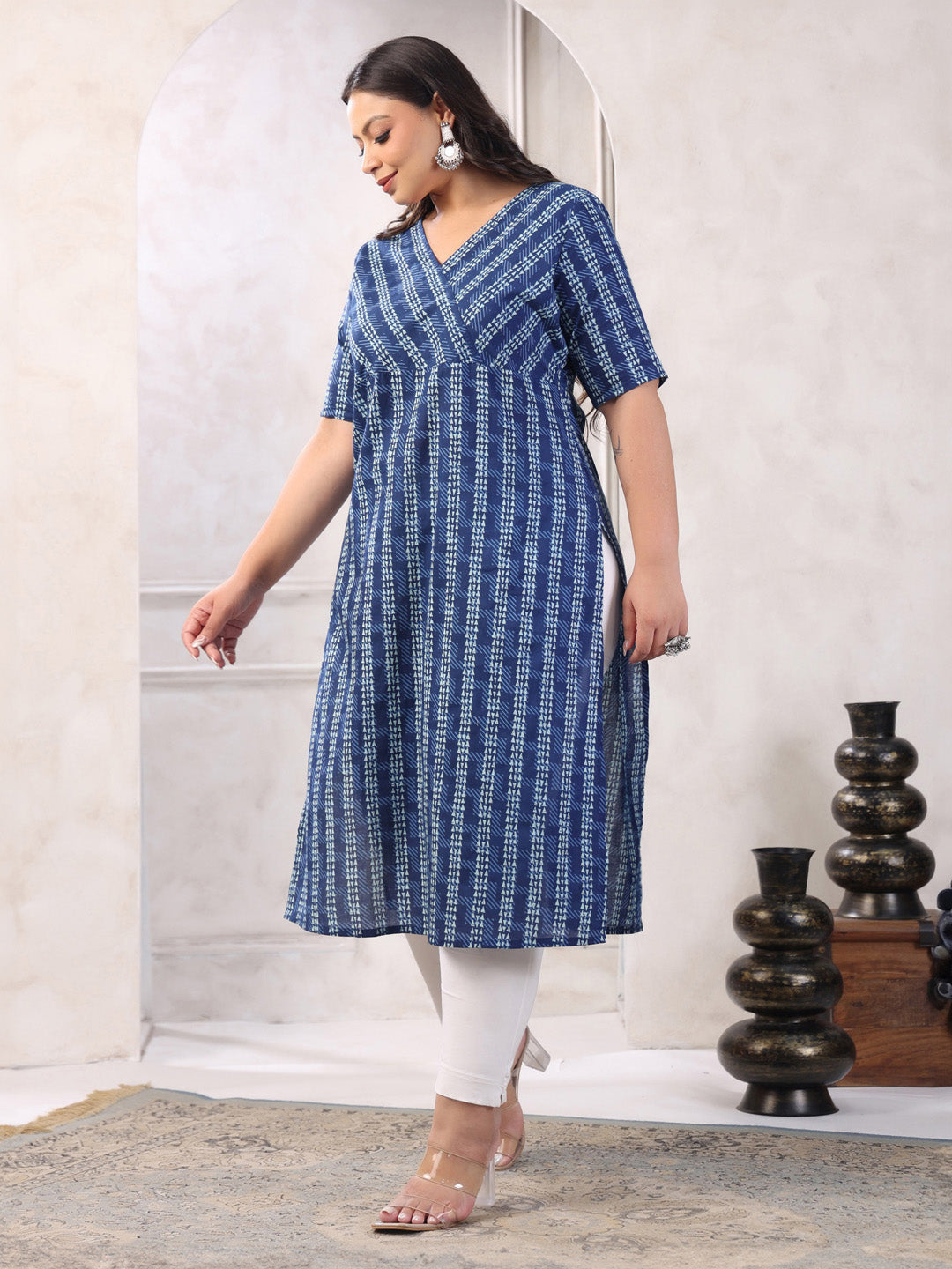 Plus Size Indigo Pure Cotton Floral Printed Straight Kurta  - By Janasya