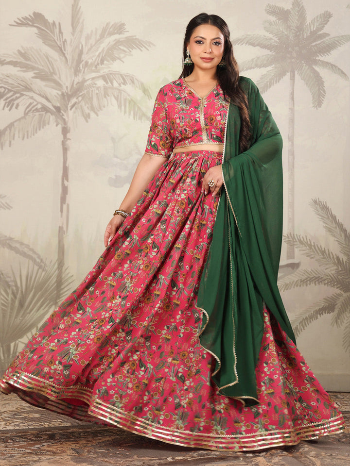 Plus Size Pink Georgette Floral Printed Pleated Lehenga Choli Set  - By Janasya