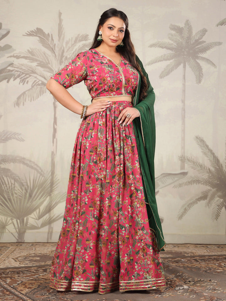 Plus Size Pink Georgette Floral Printed Pleated Lehenga Choli Set  - By Janasya