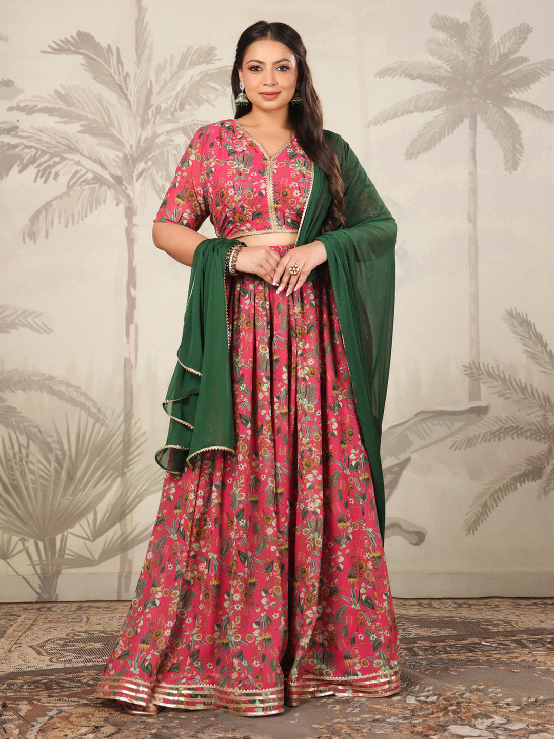 Plus Size Pink Georgette Floral Printed Pleated Lehenga Choli Set  - By Janasya