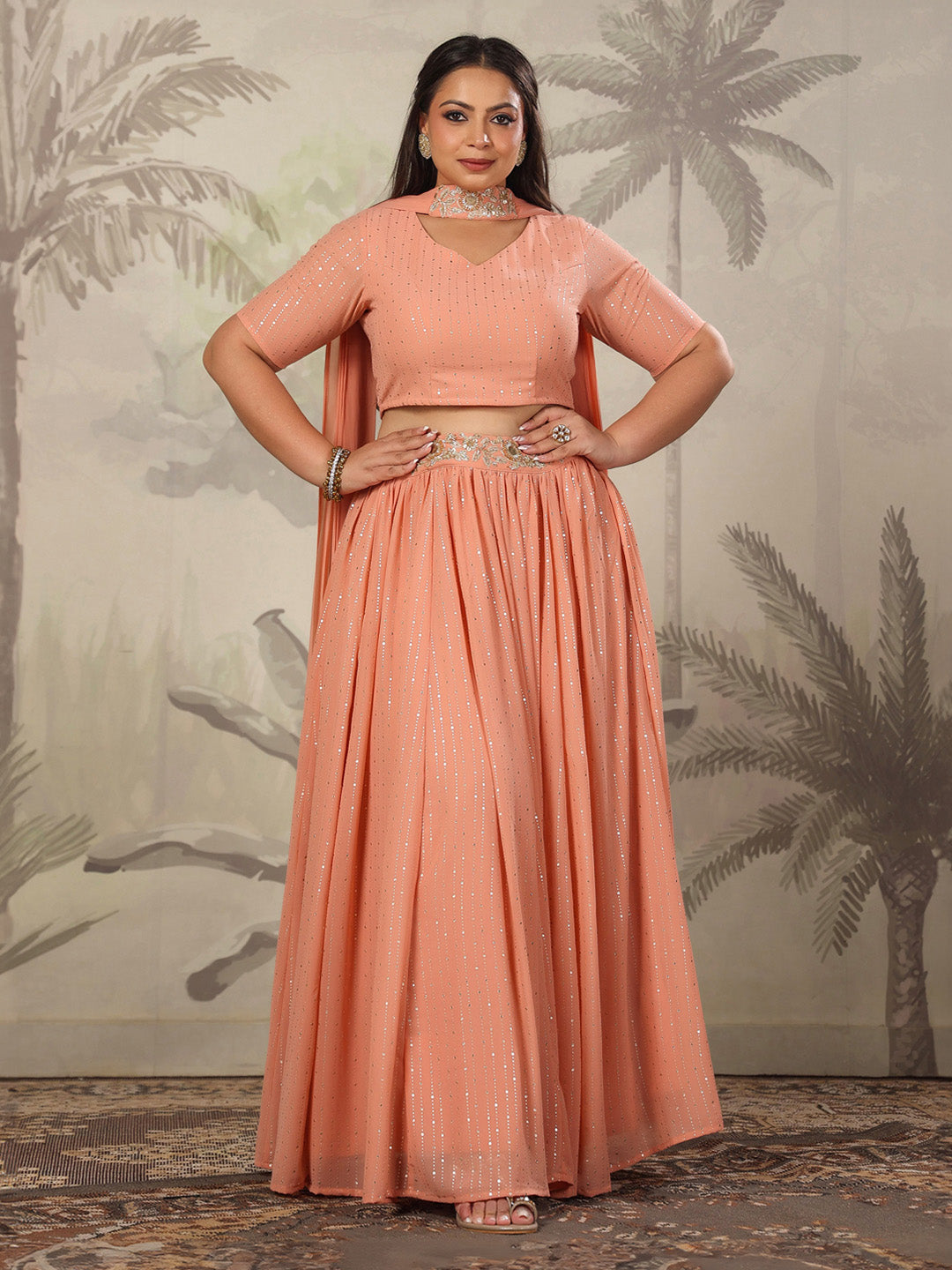 Plus Size Peach Georgette Foil Printed Gathered Lehenga Choli Set  - By Janasya