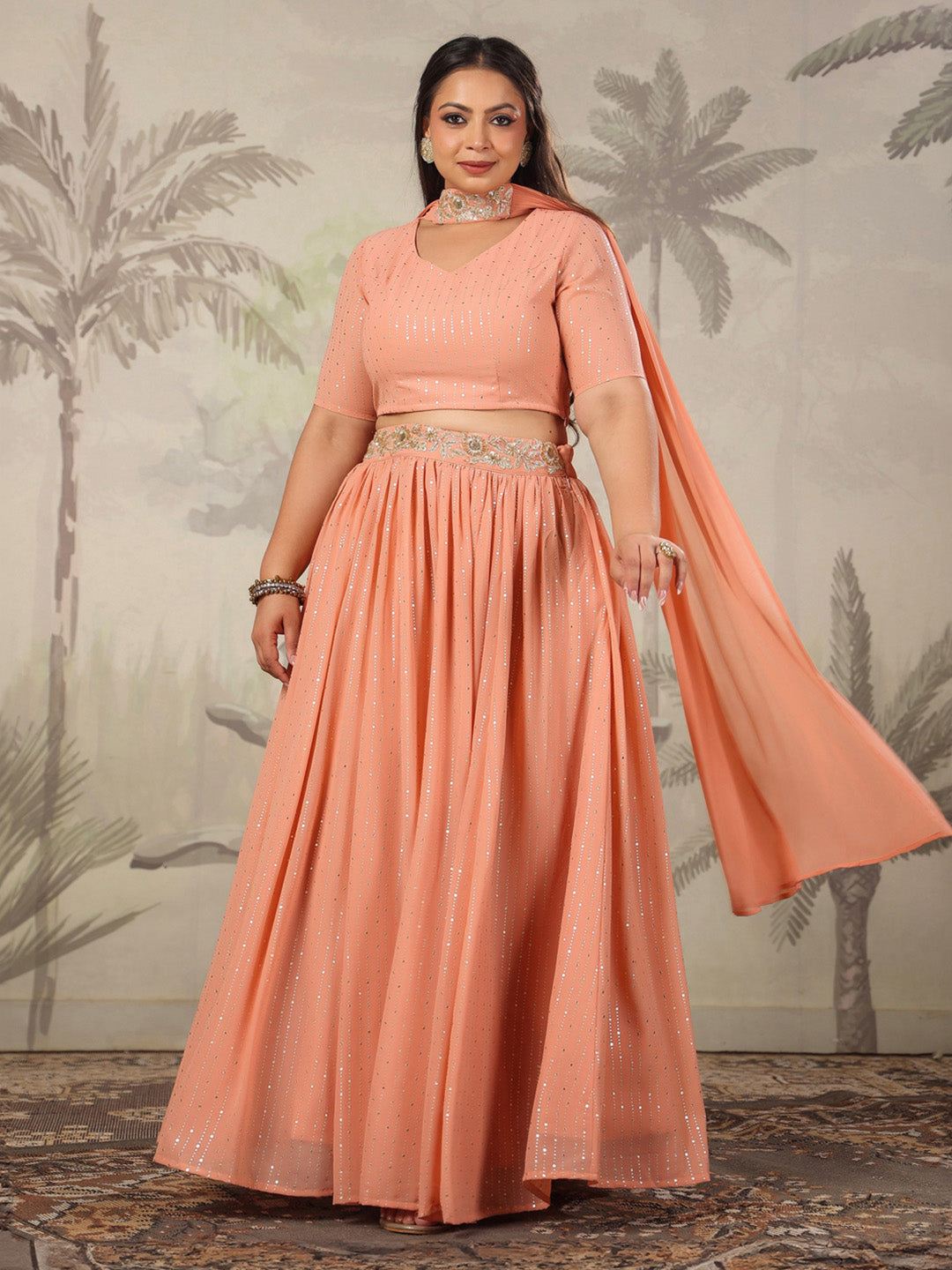 Plus Size Peach Georgette Foil Printed Gathered Lehenga Choli Set  - By Janasya