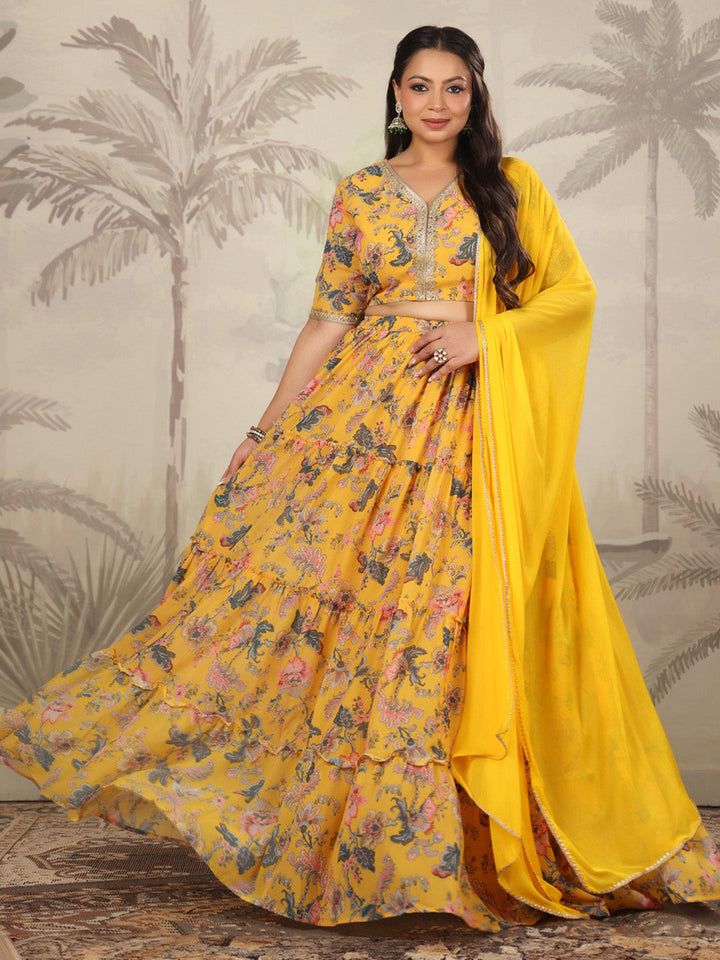 Plus Size Yellow Georgette Floral Printed Tiered Lehenga Choli Set  - By Janasya