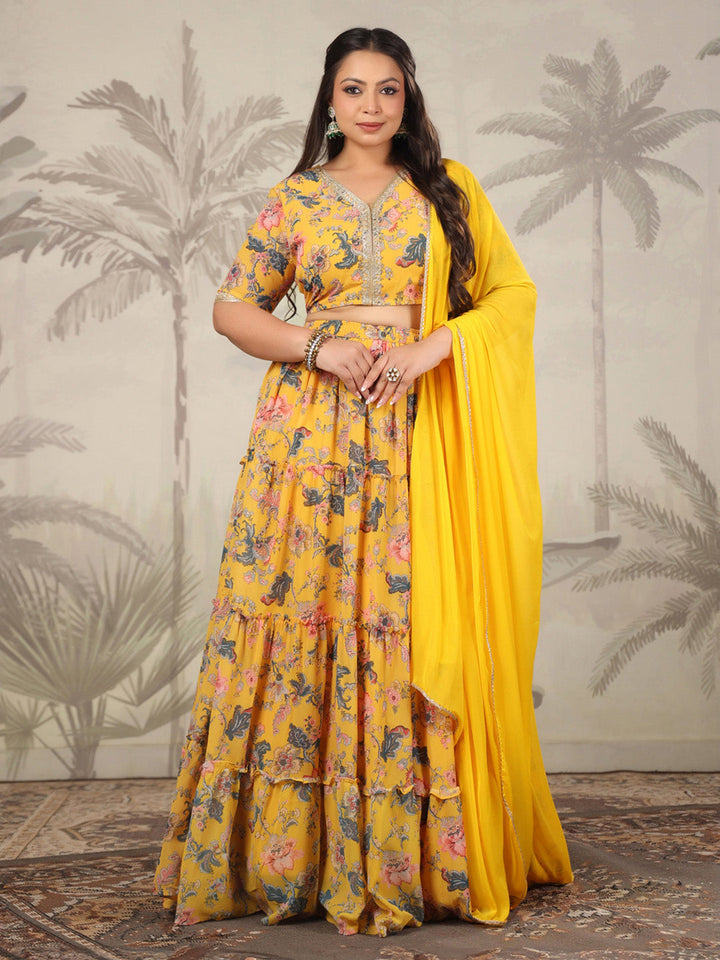 Plus Size Yellow Georgette Floral Printed Tiered Lehenga Choli Set  - By Janasya