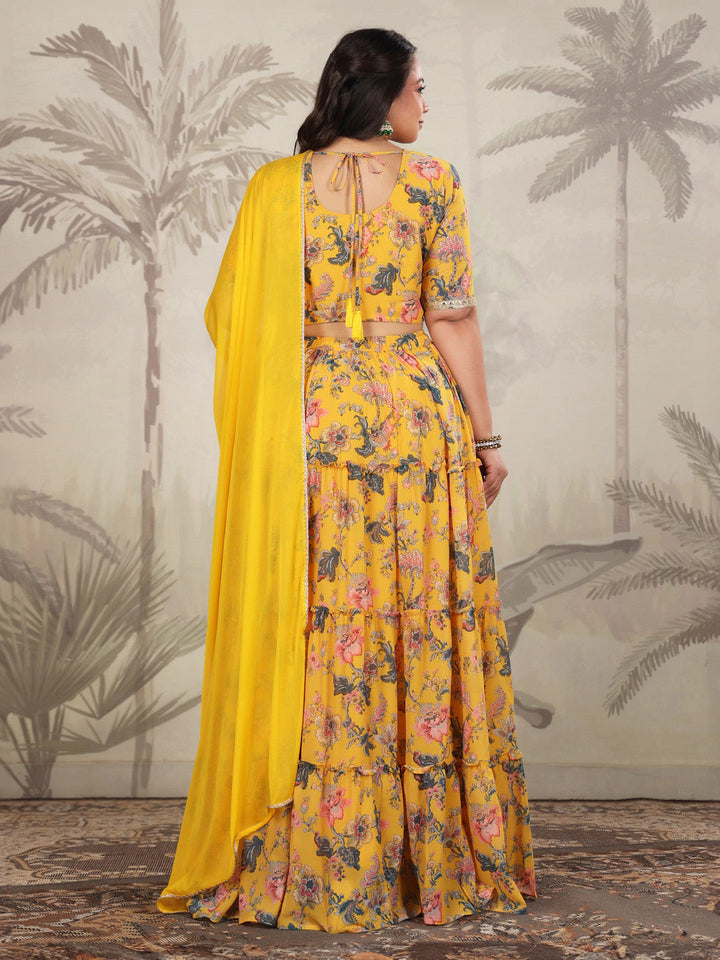 Plus Size Yellow Georgette Floral Printed Tiered Lehenga Choli Set  - By Janasya