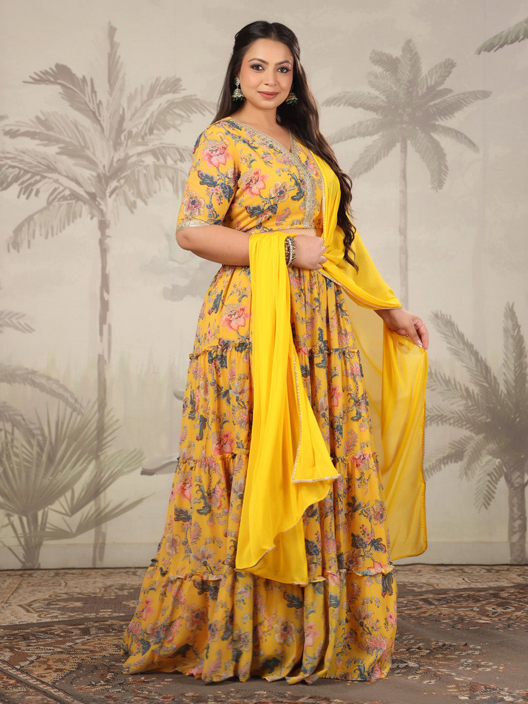 Plus Size Yellow Georgette Floral Printed Tiered Lehenga Choli Set  - By Janasya