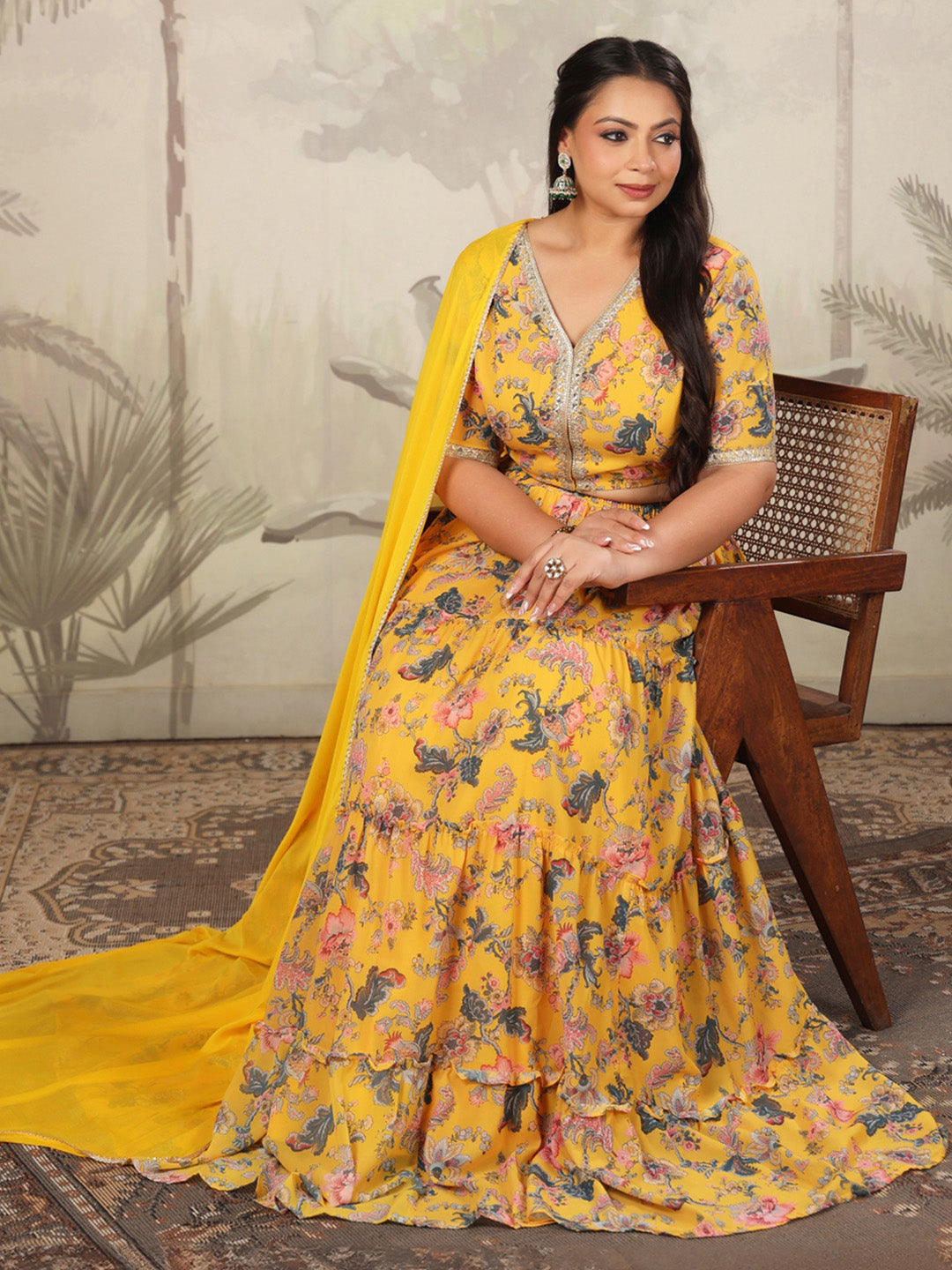 Plus Size Yellow Georgette Floral Printed Tiered Lehenga Choli Set  - By Janasya