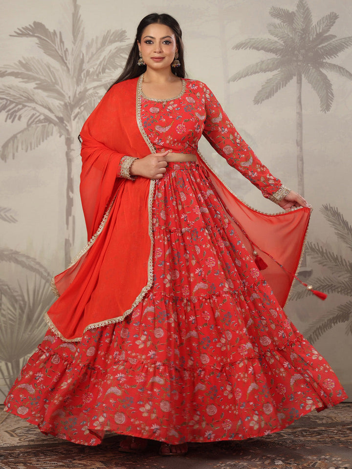 Plus Size Red Georgette Floral Printed Tiered Lehenga Choli Set  - By Janasya