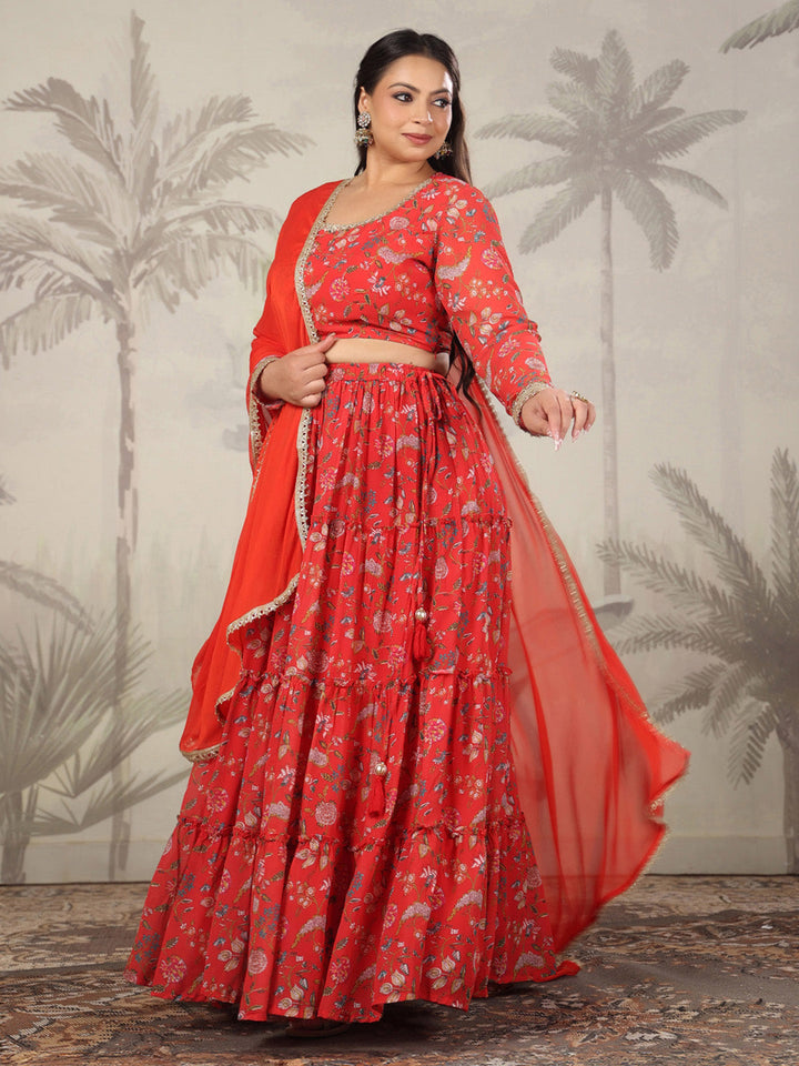 Plus Size Red Georgette Floral Printed Tiered Lehenga Choli Set  - By Janasya