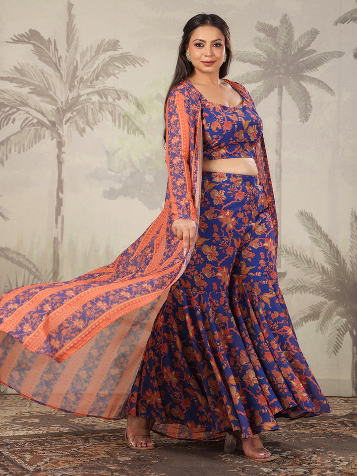 Plus Size Navy Blue Georgette Floral Printed Co-Ord Set  - By Janasya