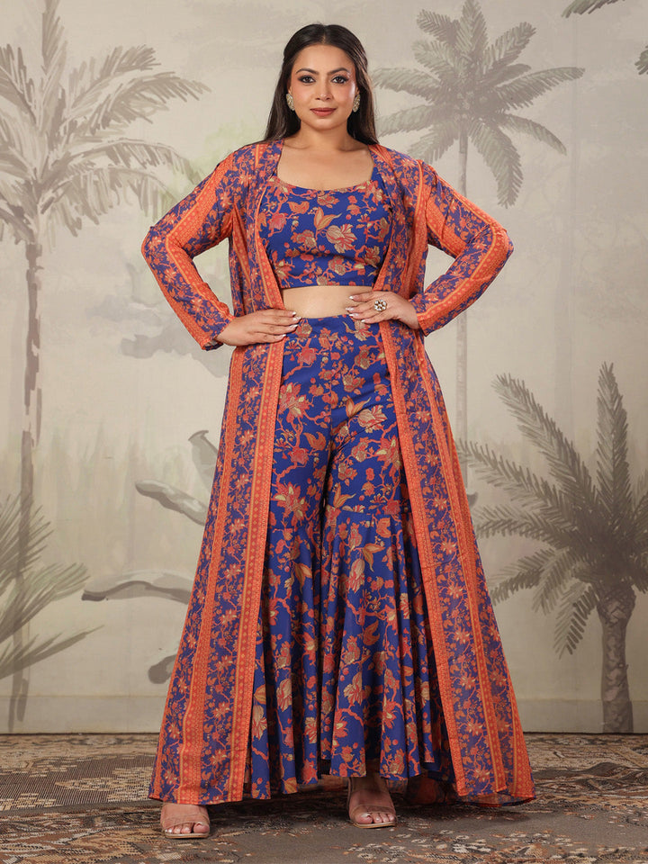 Plus Size Navy Blue Georgette Floral Printed Co-Ord Set  - By Janasya