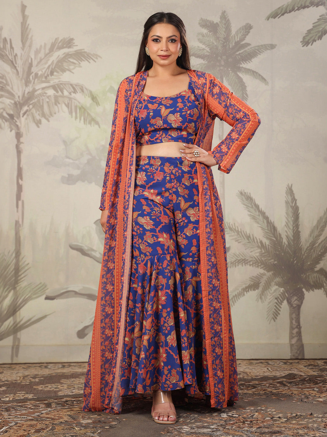 Plus Size Navy Blue Georgette Floral Printed Co-Ord Set  - By Janasya