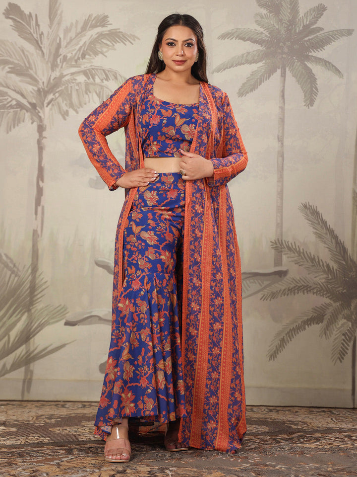 Plus Size Navy Blue Georgette Floral Printed Co-Ord Set  - By Janasya