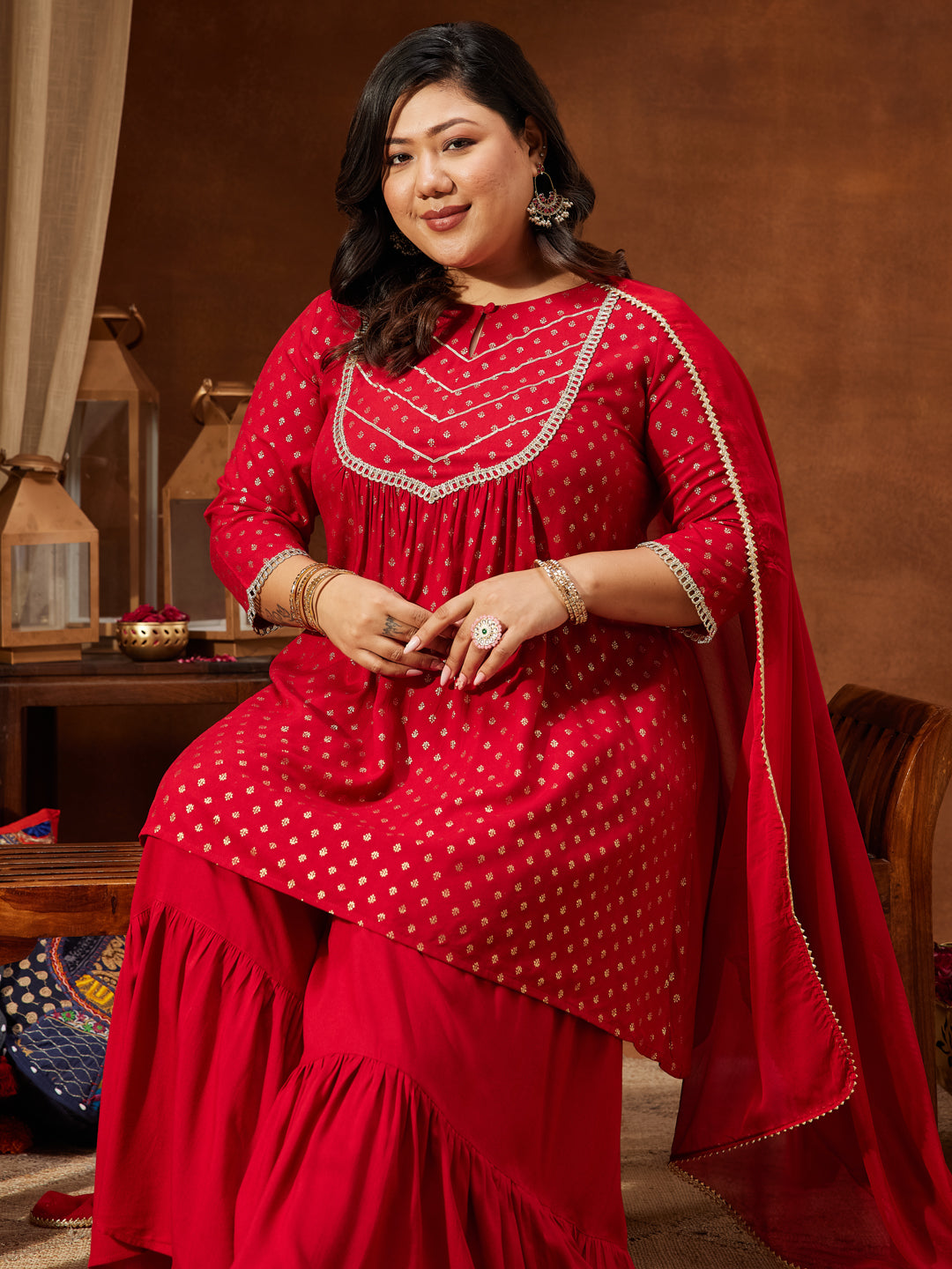 Janasya Women's Red Rayon Embellished Gold Printed A-line Kurta With Sharara & Dupatta Set - qivii