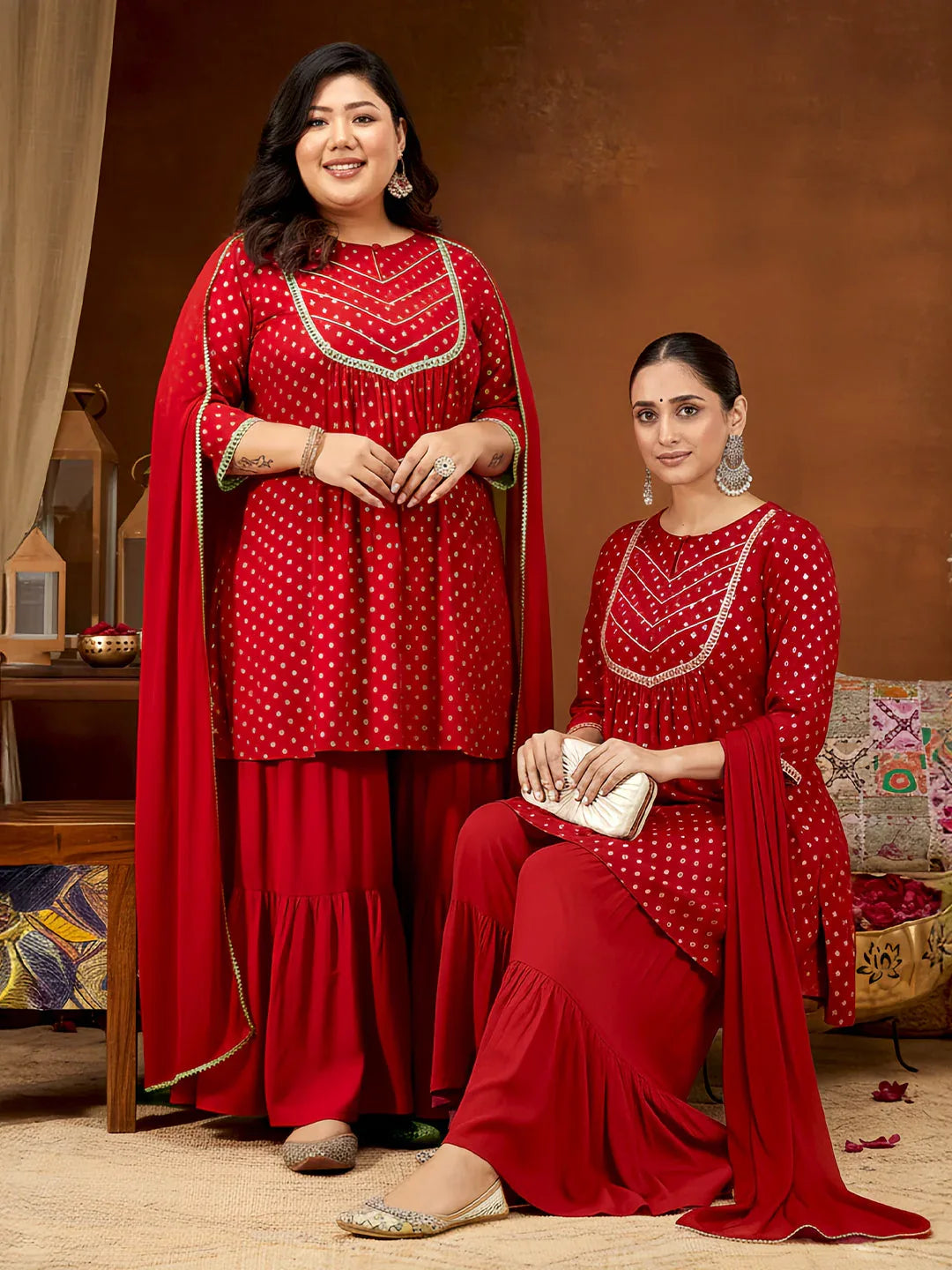 Janasya Women's Red Rayon Embellished Gold Printed A-line Kurta With Sharara & Dupatta Set