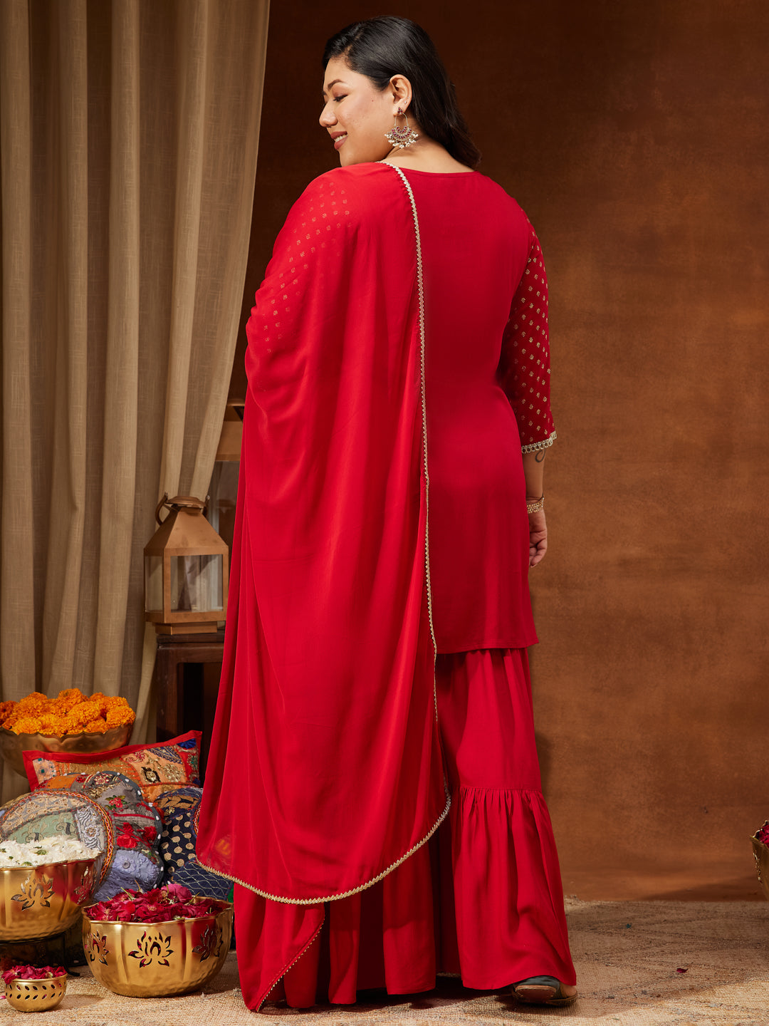 Janasya Women's Red Rayon Embellished Gold Printed A-line Kurta With Sharara & Dupatta Set - qivii