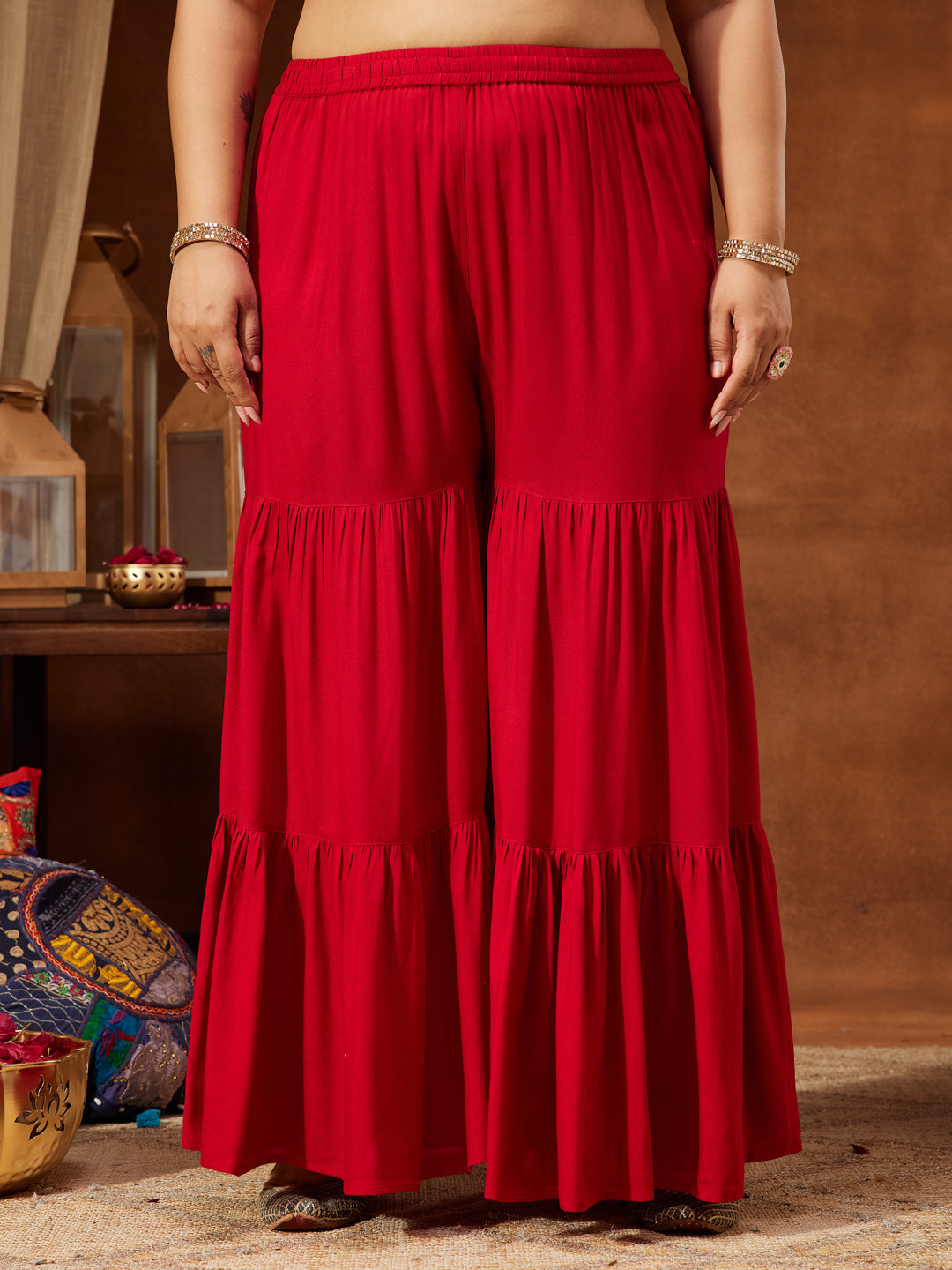 Janasya Women's Red Rayon Embellished Gold Printed A-line Kurta With Sharara & Dupatta Set - qivii