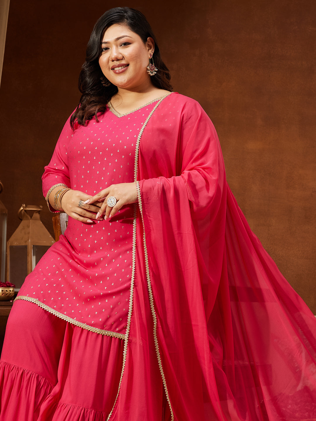 Janasya Women's Plus Size Pink Rayon Embellished Gold Printed Straight Kurta With Sharara & Dupatta Set - qivii