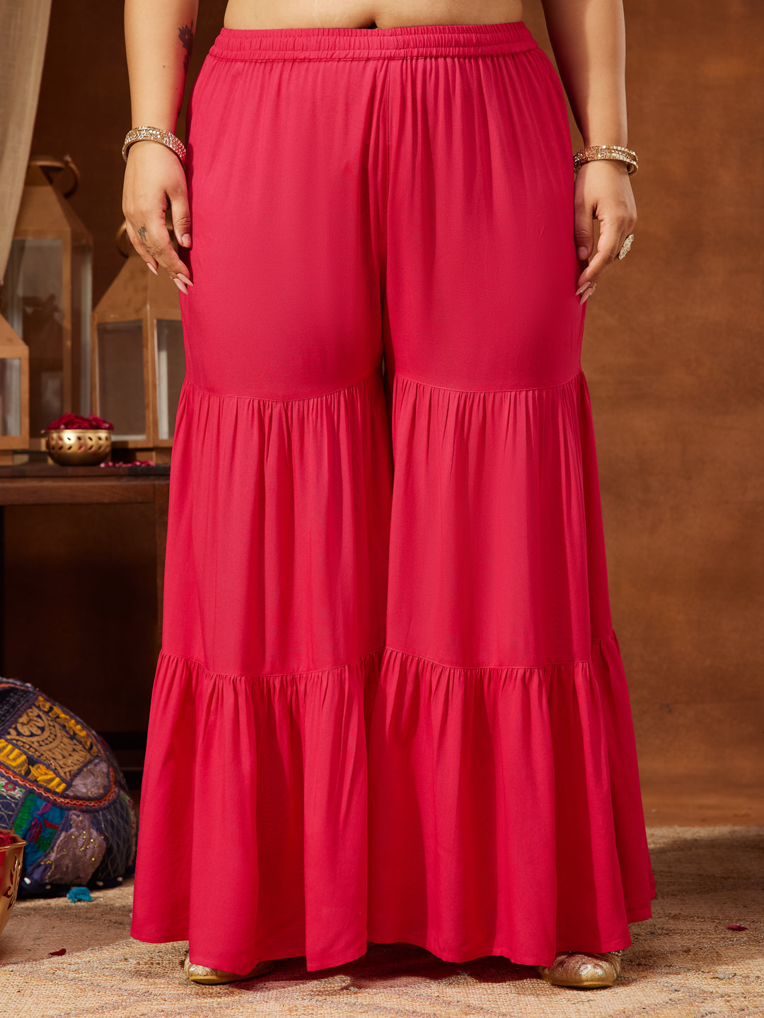 Janasya Women's Plus Size Pink Rayon Embellished Gold Printed Straight Kurta With Sharara & Dupatta Set - qivii