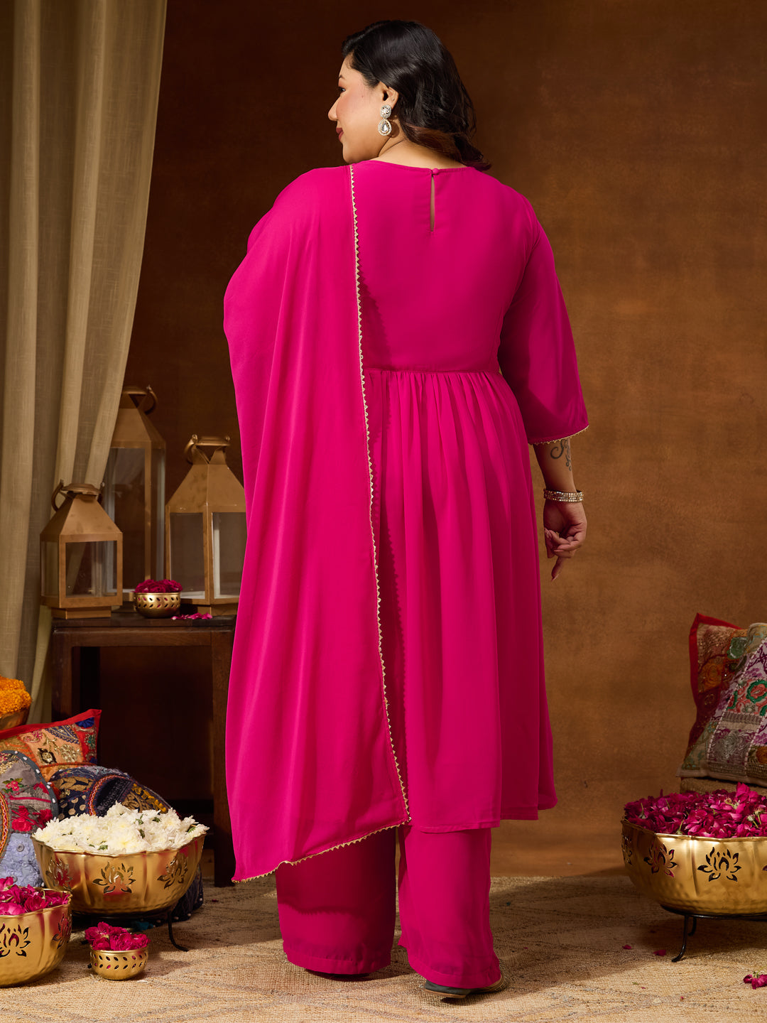 Janasya Women's Plus Size Pink Georgette Yoke Zari Embroidered A-line Kurta Set - qivii