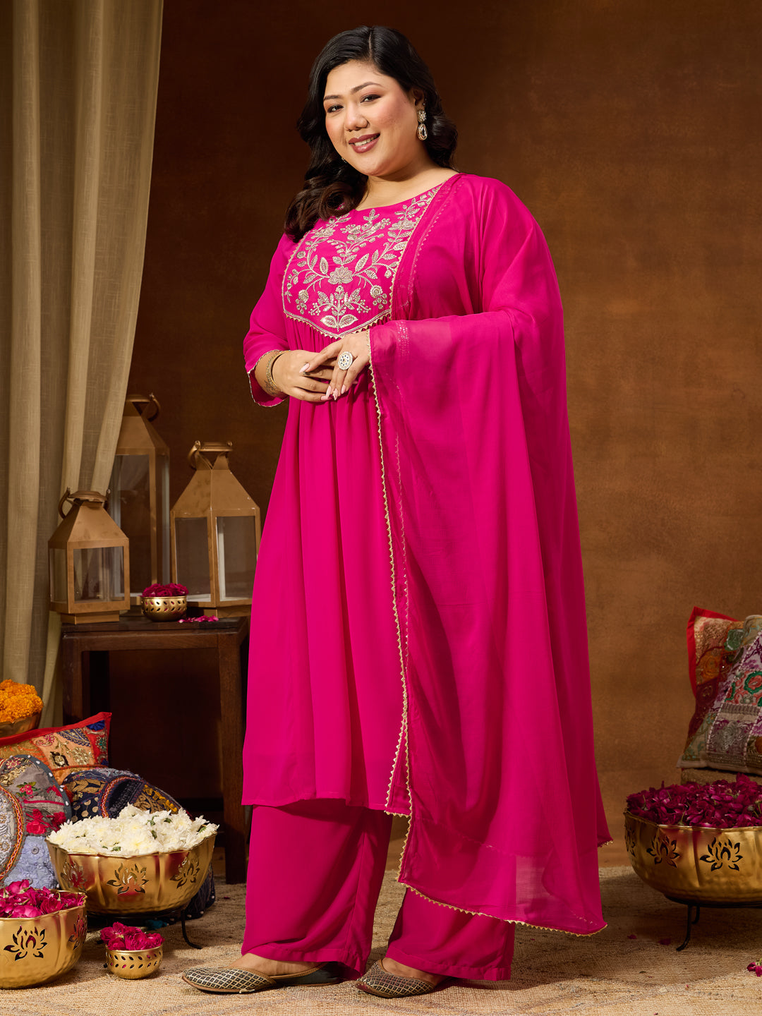 Janasya Women's Plus Size Pink Georgette Yoke Zari Embroidered A-line Kurta Set - qivii