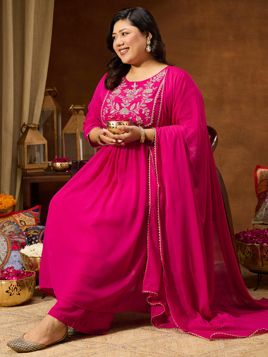 Janasya Women's Plus Size Pink Georgette Yoke Zari Embroidered A-line Kurta Set - qivii