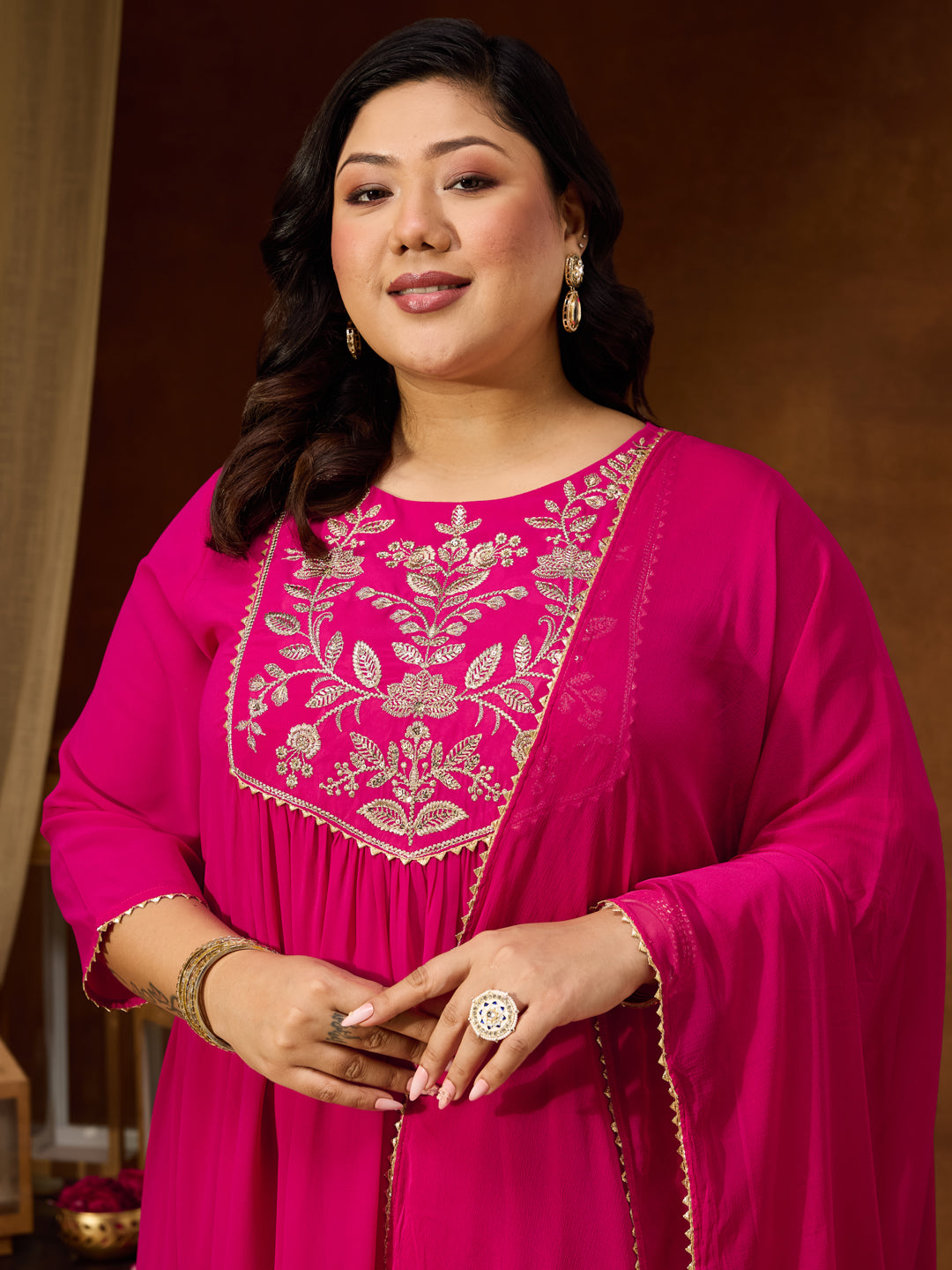 Janasya Women's Plus Size Pink Georgette Yoke Zari Embroidered A-line Kurta Set - qivii