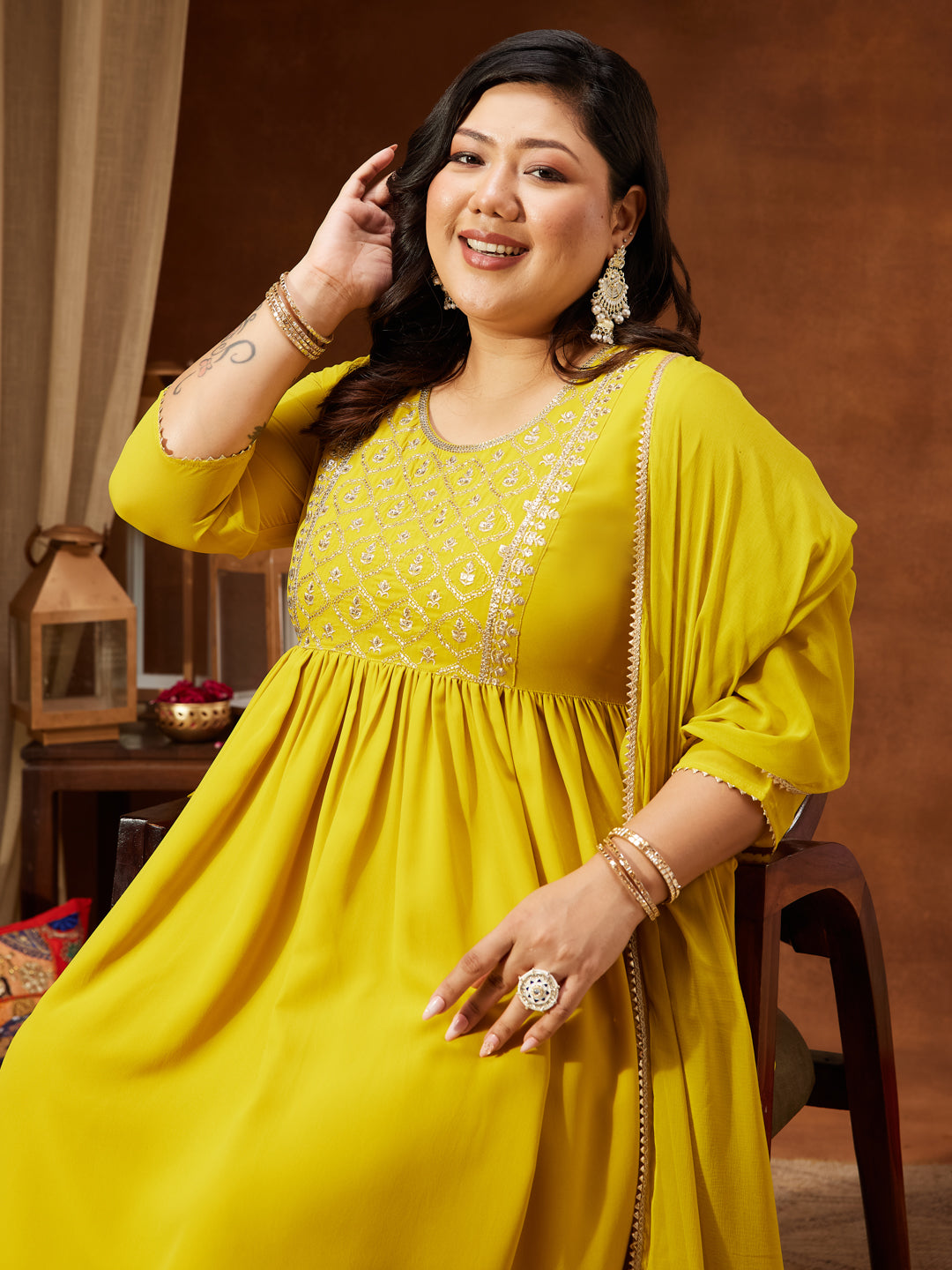 Janasya Women's Plus Size Yellow Georgette Yoke Embroidered A-line Kurta With Palazzo & Dupatta Set - qivii