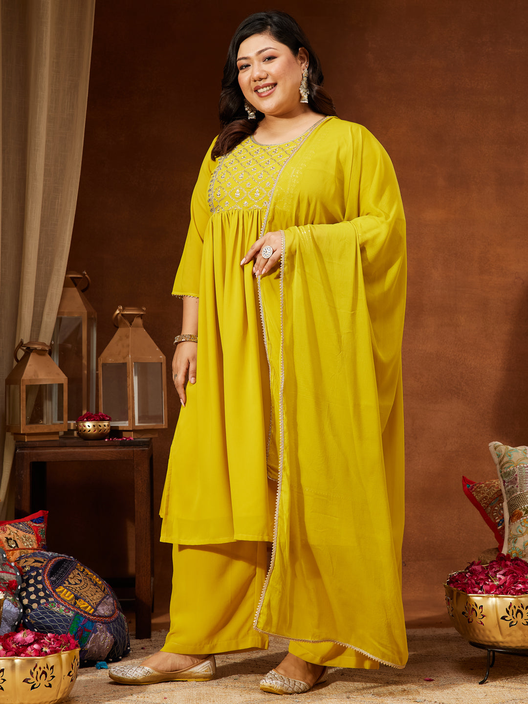 Janasya Women's Plus Size Yellow Georgette Yoke Embroidered A-line Kurta With Palazzo & Dupatta Set - qivii