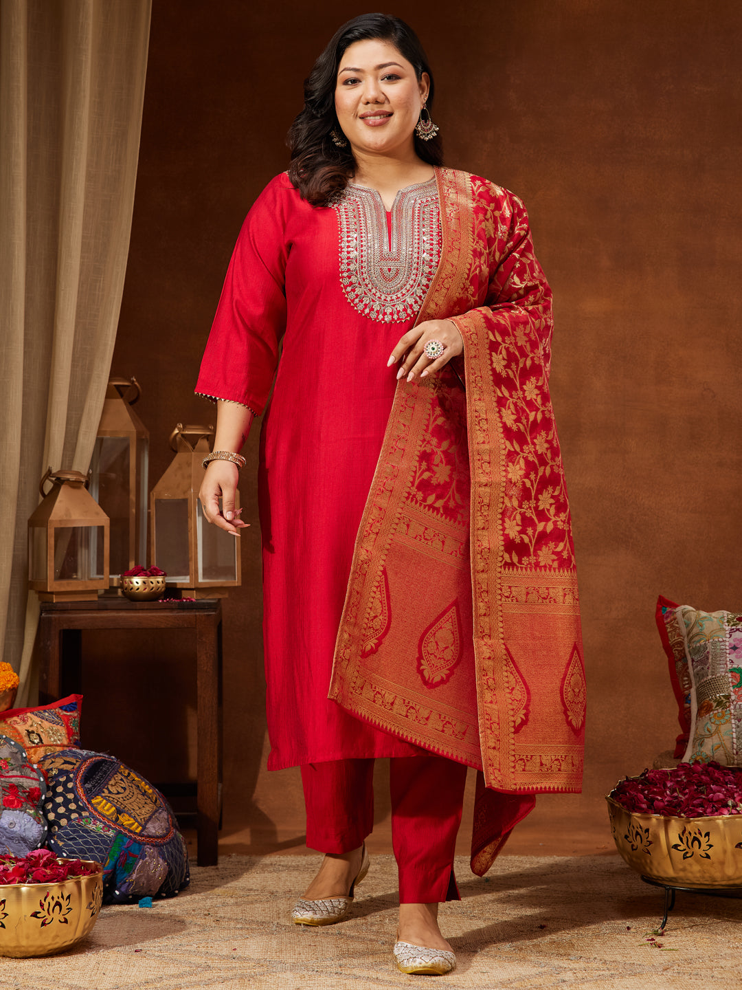 Janasya Women's Plus Size Maroon Silk Blend Zari Embroidered Straight Kurta Set - qivii