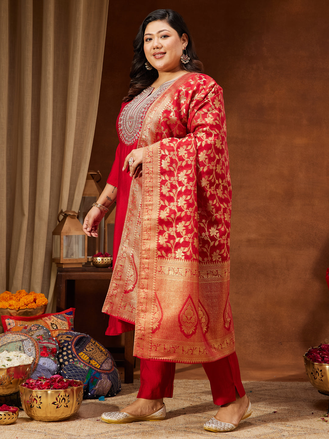 Janasya Women's Plus Size Maroon Silk Blend Zari Embroidered Straight Kurta Set - qivii