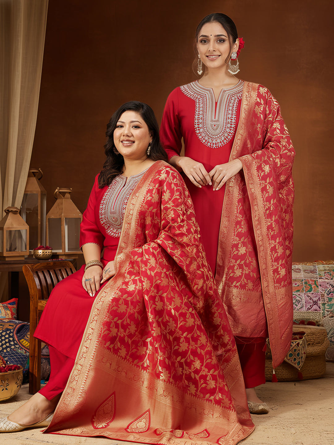 Janasya Women's Plus Size Maroon Silk Blend Zari Embroidered Straight Kurta Set - qivii