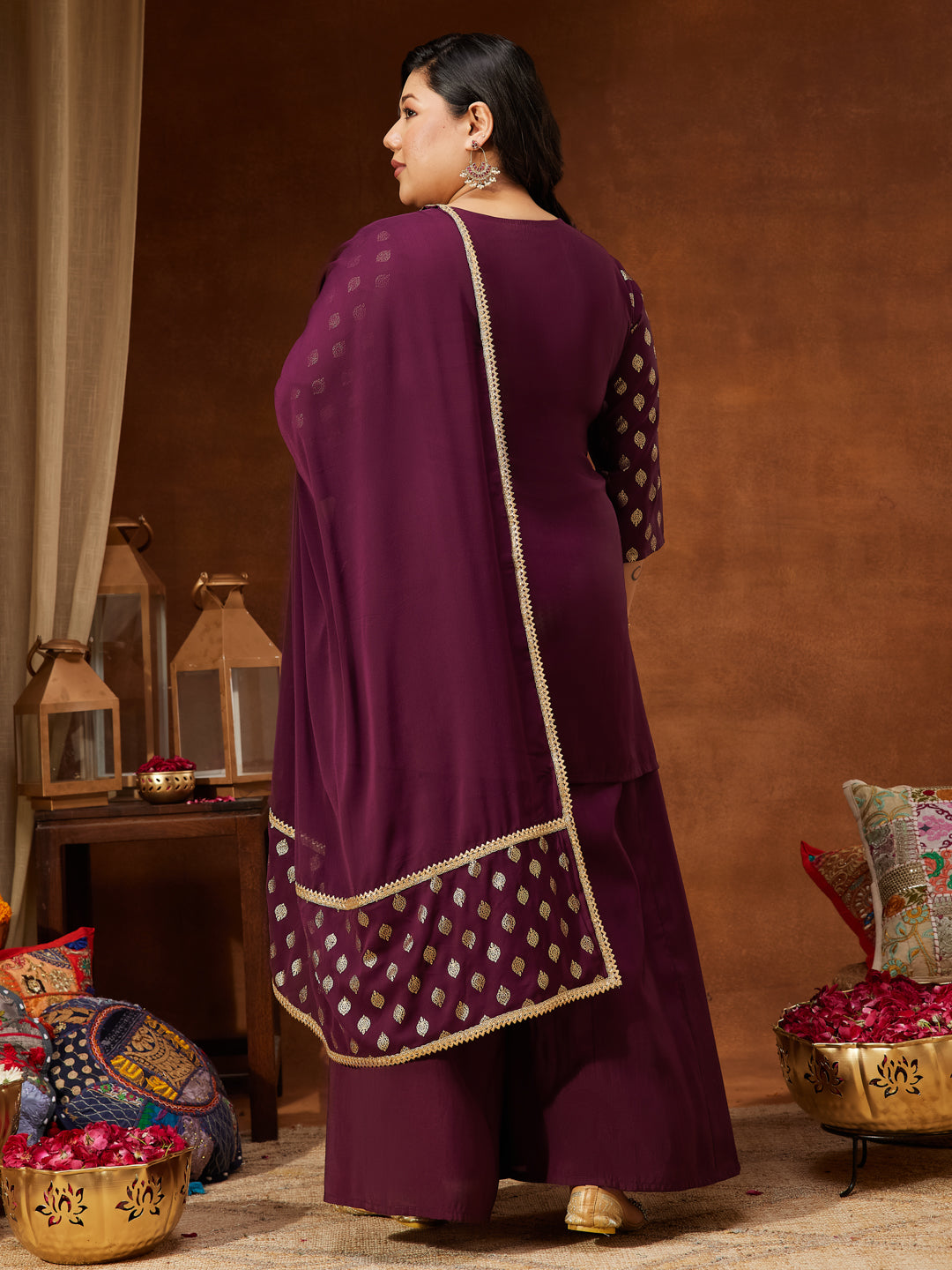 Janasya Women's Plus Size Wine Chanderi Silk Embellished Gold Printed Straight Kurta With Sharara & Dupatta Set