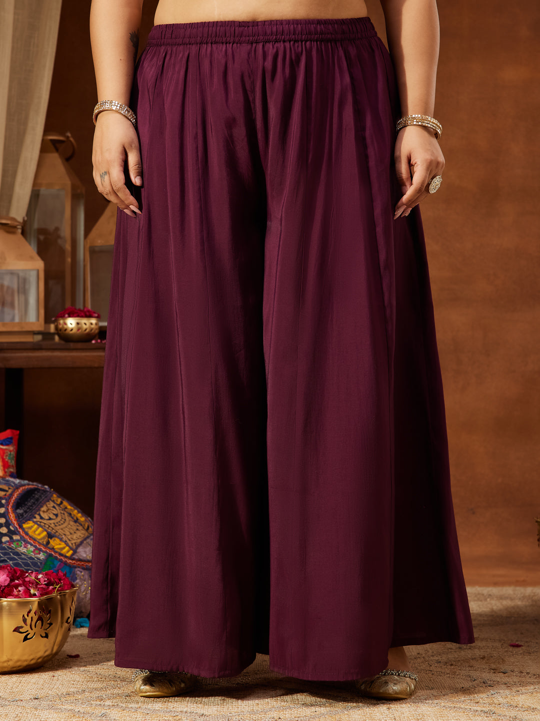 Janasya Women's Plus Size Wine Chanderi Silk Embellished Gold Printed Straight Kurta With Sharara & Dupatta Set