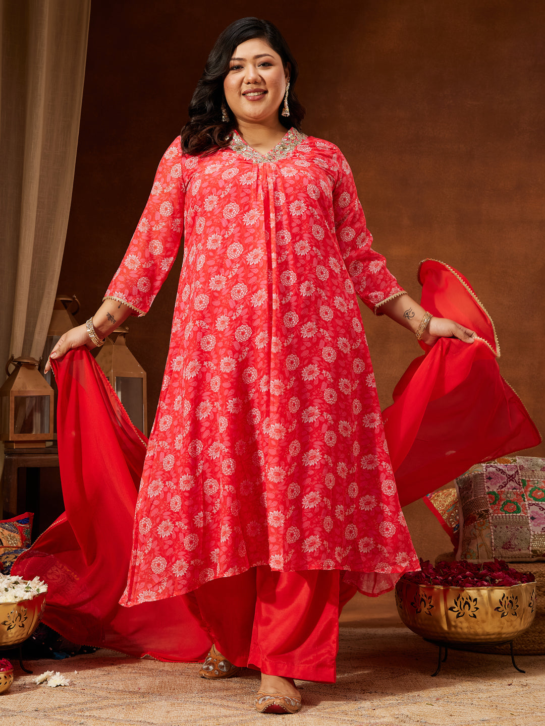 Janasya Women's Plus Size Red Georgette Embellished Floral Printed A-line Kurta Set - qivii