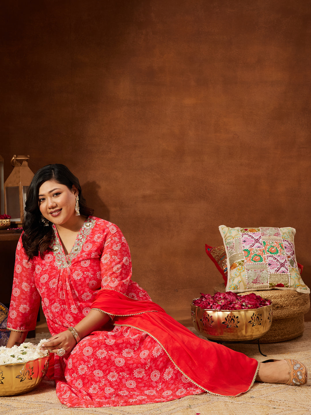 Janasya Women's Plus Size Red Georgette Embellished Floral Printed A-line Kurta Set - qivii