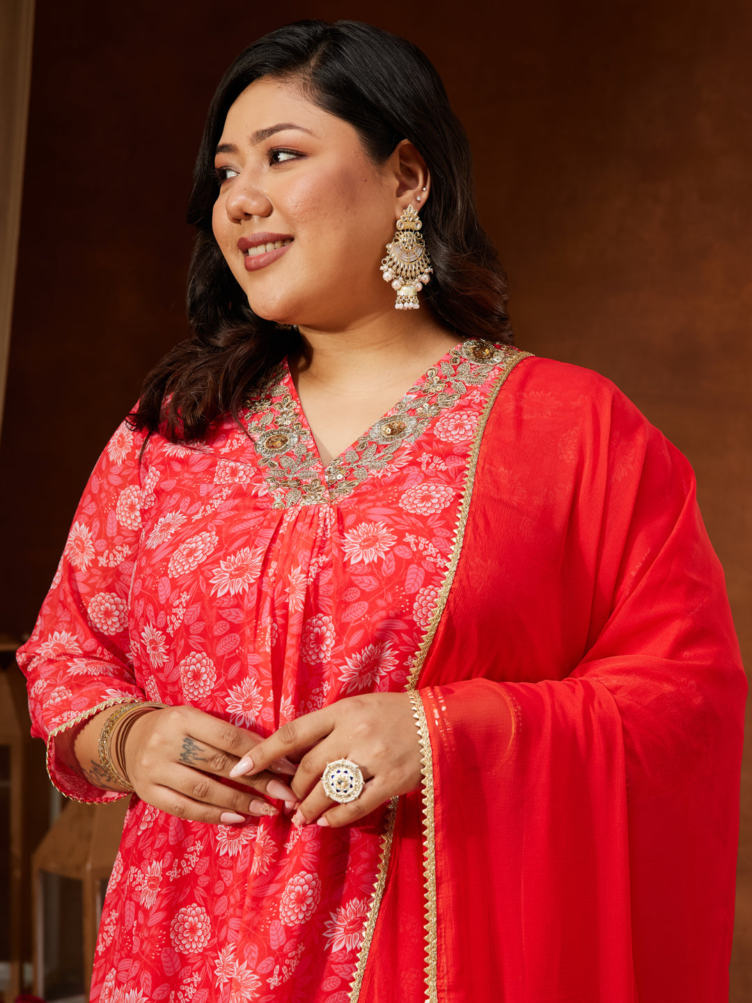 Janasya Women's Plus Size Red Georgette Embellished Floral Printed A-line Kurta Set - qivii