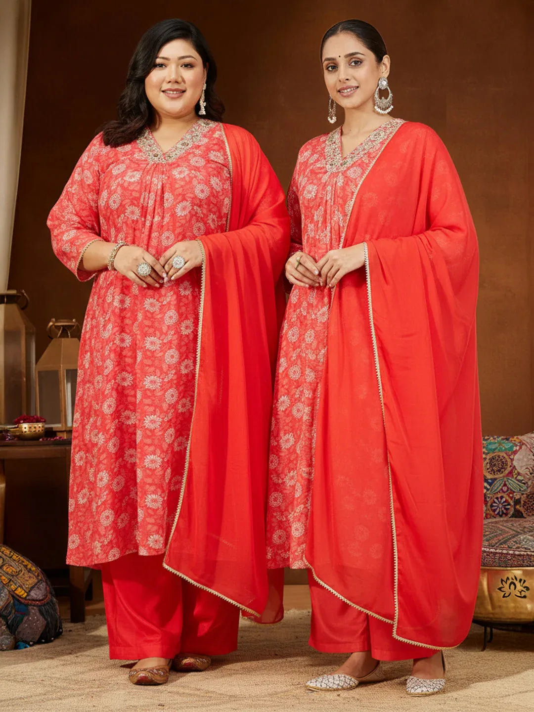 Janasya Women's Plus Size Red Georgette Embellished Floral Printed A-line Kurta Set