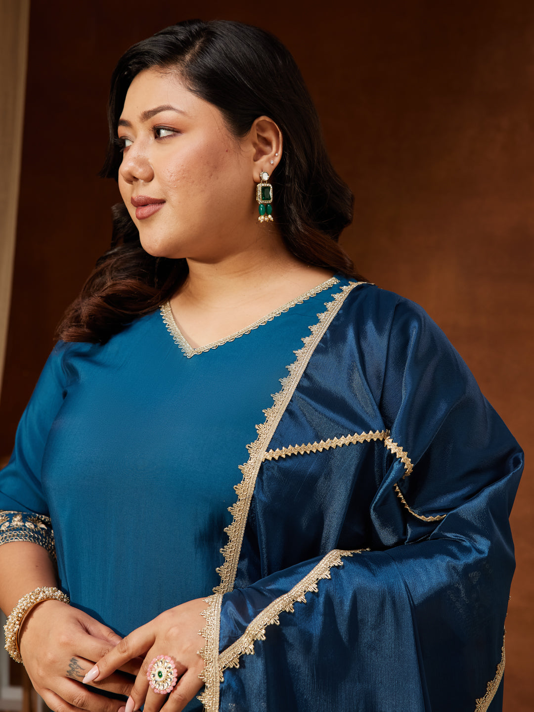 Janasya Women's Teal Blue Chanderi Silk Embellished Straight Kurta With Palazzo & Dupatta Set - qivii