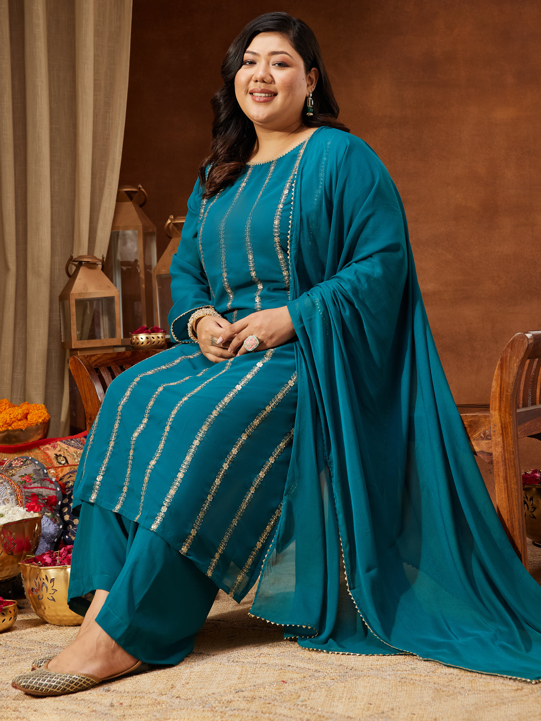 Janasya Women's Plus Size Sea Green Georgette Embellished Straight Kurta With Palazzo & Dupatta Set - qivii
