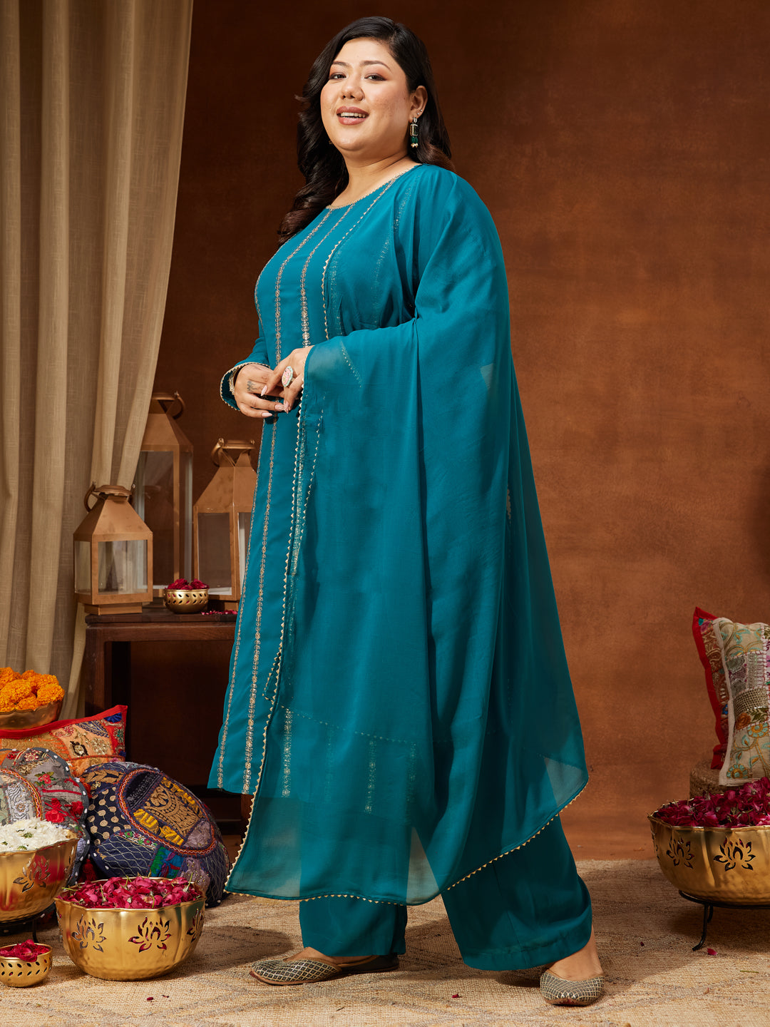 Janasya Women's Plus Size Sea Green Georgette Embellished Straight Kurta With Palazzo & Dupatta Set - qivii