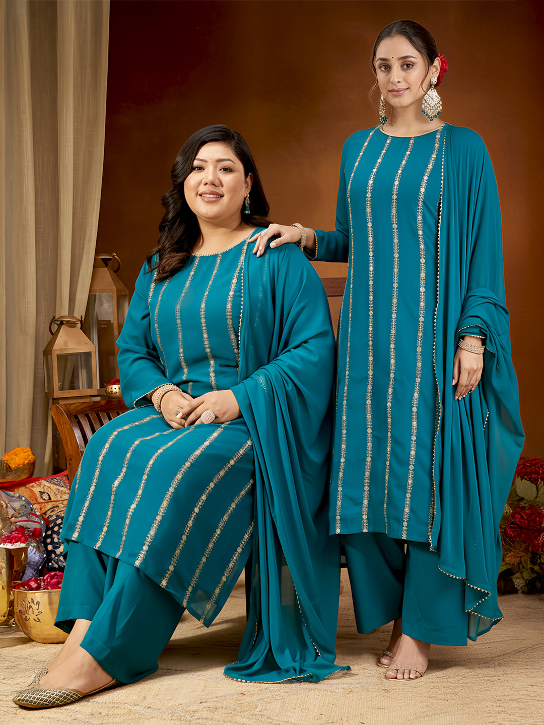 Janasya Women's Sea Green Georgette Embellished Straight Kurta With Palazzo & Dupatta Set - qivii
